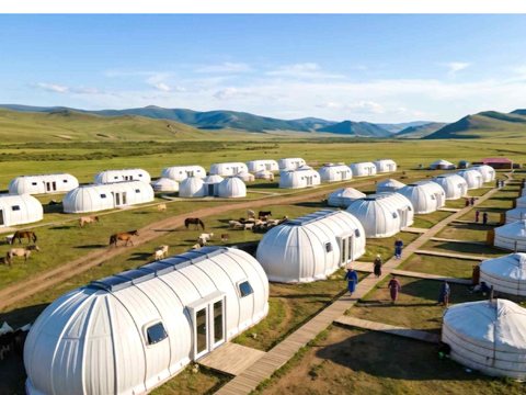 Dome village deployment concept — rows of Wisdome units on grassland